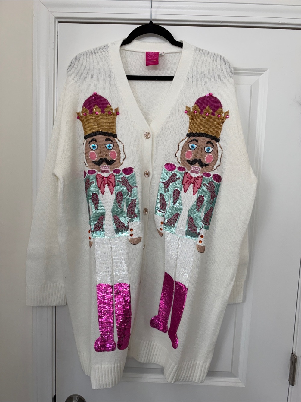 QUEEN OF SPARKLES White Cardigan Sweater with Pink and Gold Sequin Nutcrackers